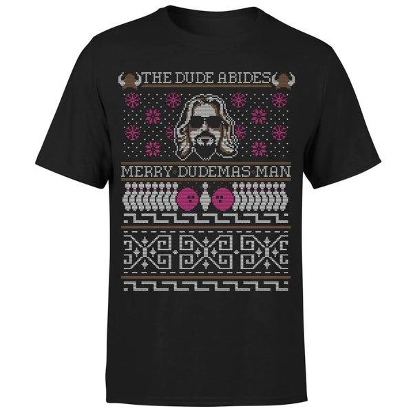 商品Big Lebowski|The Dude Abides Merry Dudemas Man Men's Christmas T-Shirt - Black,价格¥167,第1张图片