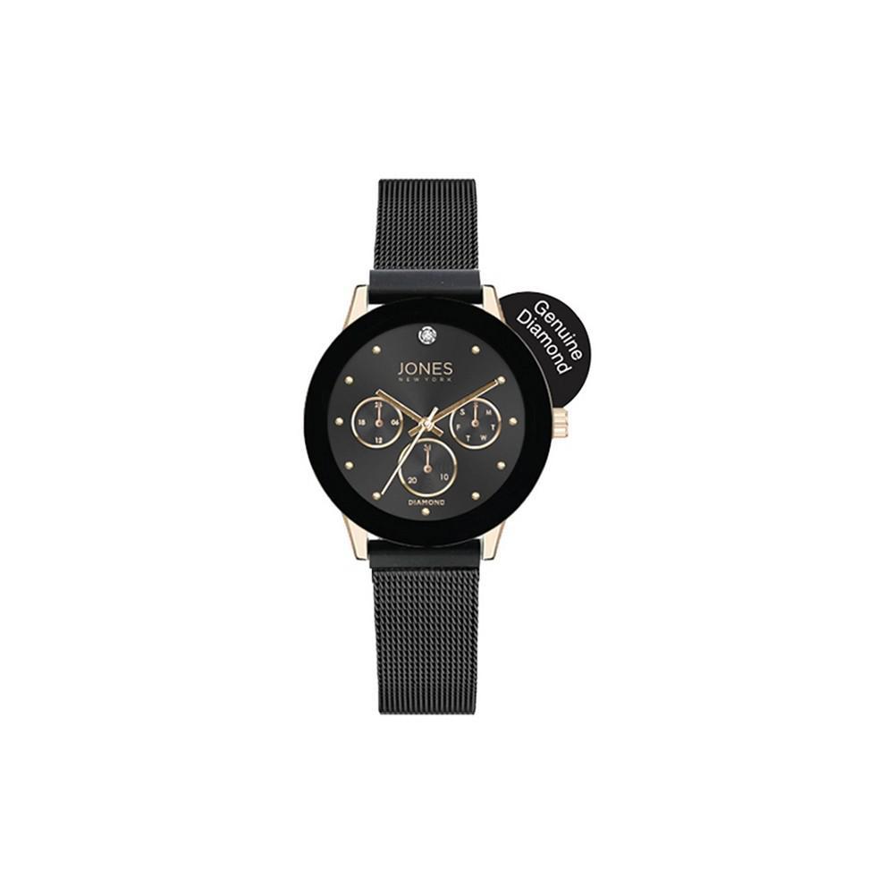 商品American Exchange|Women's Genuine Diamond Mock Chronograph Black Dial Gold-Tone Case and Mesh Strap Analog Watch 30mm,价格¥148,第1张图片