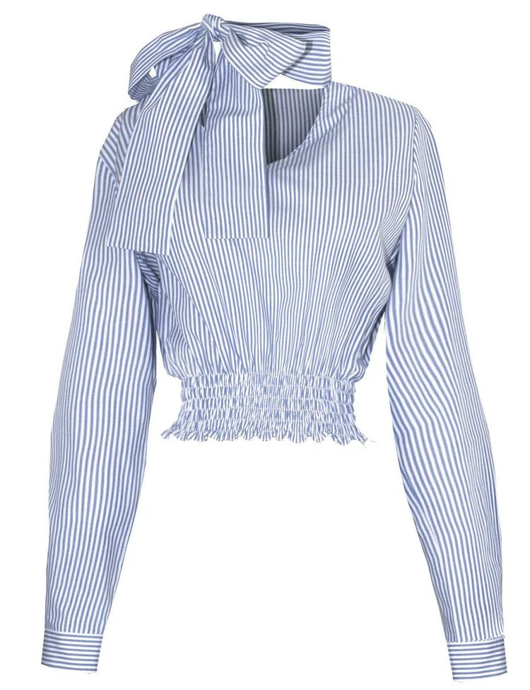Side Choker Bow Striped Smocked Top 商品