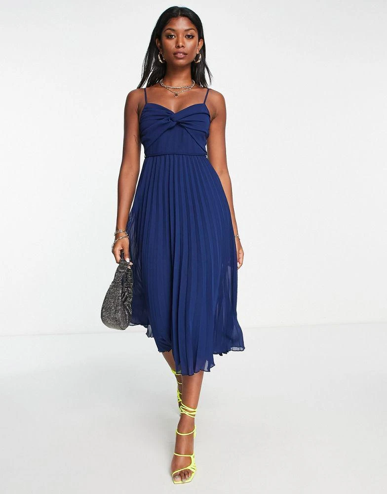 商品ASOS|ASOS DESIGN twist front pleated cami midi dress with belt in navy,价格¥173,第1张图片