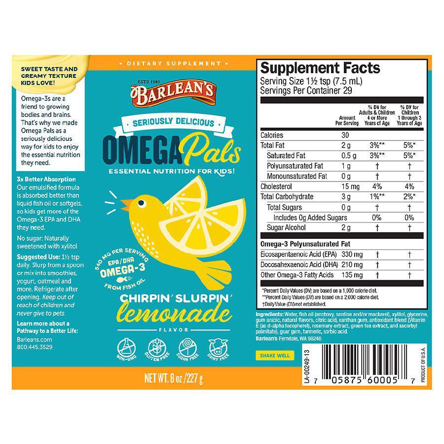 商品Barlean's Organic Oils|液体儿童鱼油 Omega-3 柠檬汽水味,价格¥108,第4张图片详细描述