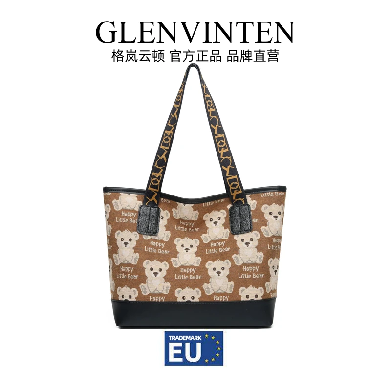 商品[国内直发] GLENVINTEN|格岚云顿包包女小熊印花女包单肩包大包时尚可爱布包托特包韩系帆布手提包,价格¥110,第1张图片