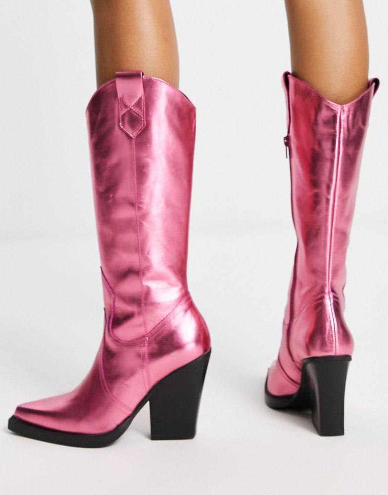 ASOS DESIGN Camouflage premium leather western knee boots in pink商品第2张图片规格展示
