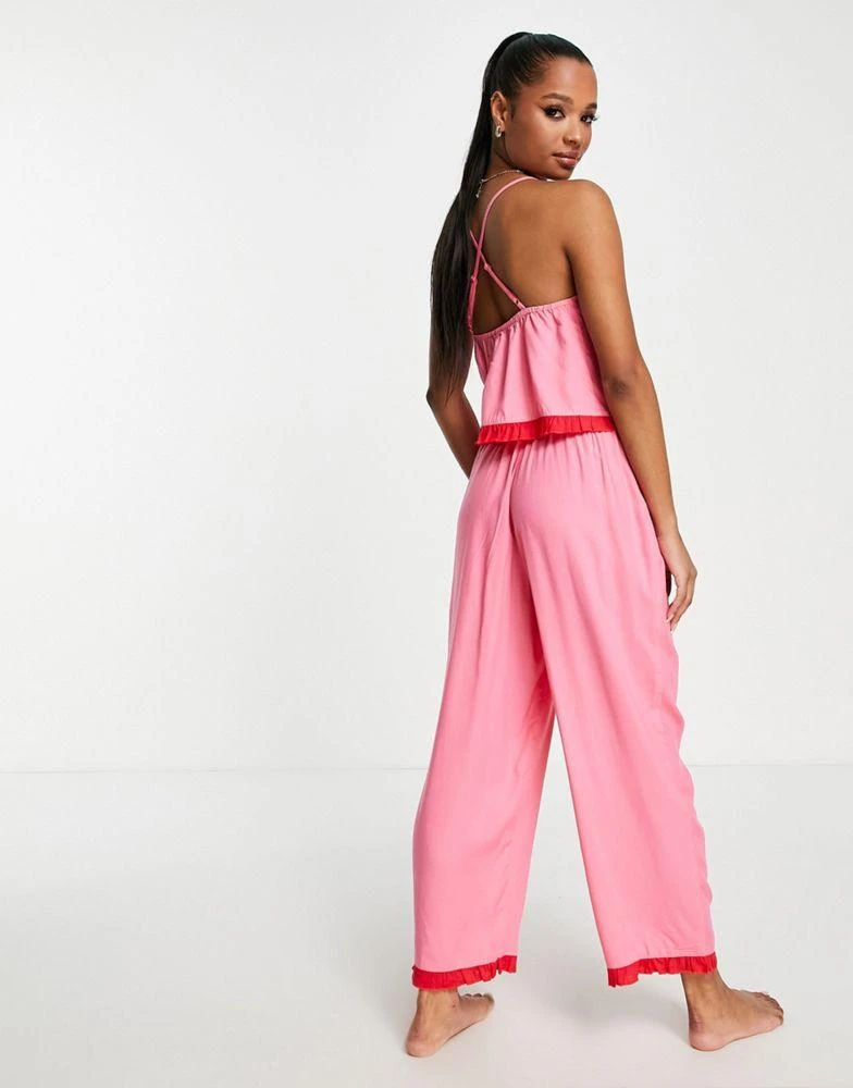 商品ASOS|ASOS DESIGN Petite modal cami & trouser pyjama set with contrast frill in pink & red,价格¥315,第3张图片详细描述