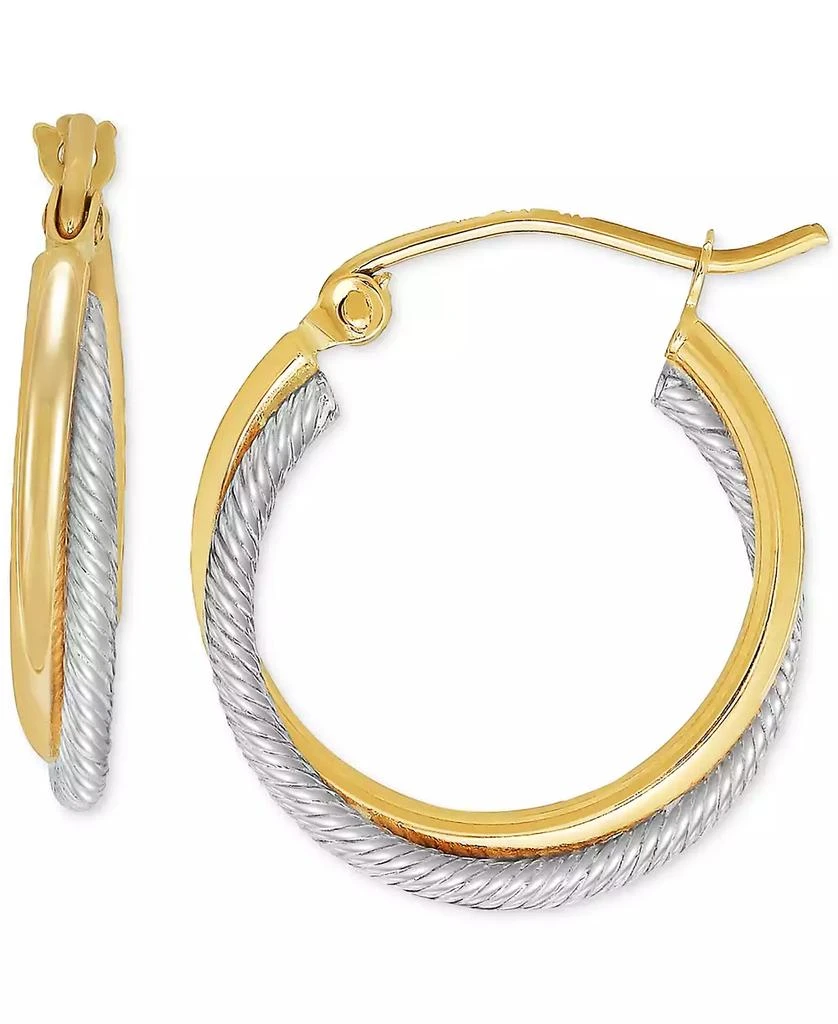 商品Macy's|Small Polished Crossover Tube Hoop Earrings in 10K Yellow and White Gold, 0.7",价格¥770,第1张图片