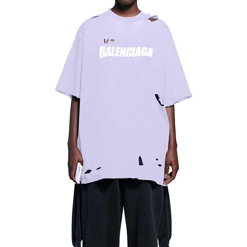 【预售3-7天】Balenciaga/巴黎世家 22年早春新款 DESTROYED系列 男女同款紫色纯棉撕裂破洞做旧设计宽松版型短袖T恤651795TKVB83078商品第3张图片规格展示