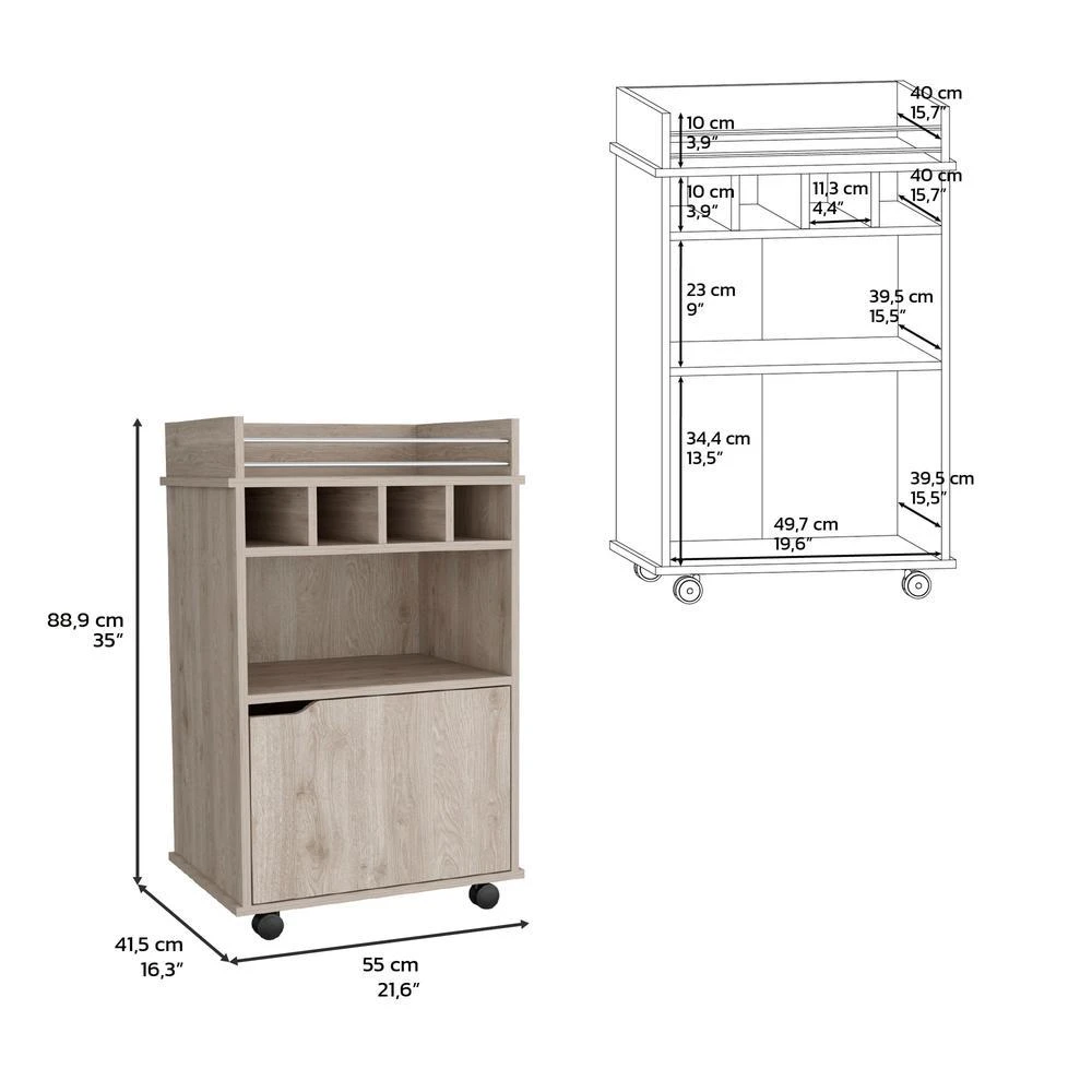商品Depot E-Shop|35" H Bar Cart with Two Shelves four Wine Cubbies and One Cabinet,Light Pine,价格¥1806,第5张图片详细描述