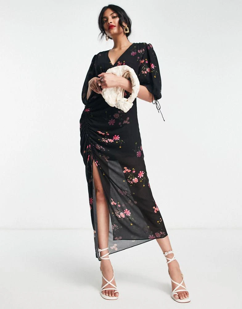 商品ALL SAINTS|AllSaints Safiya rouched split midi dress in black floral,价格¥579,第1张图片