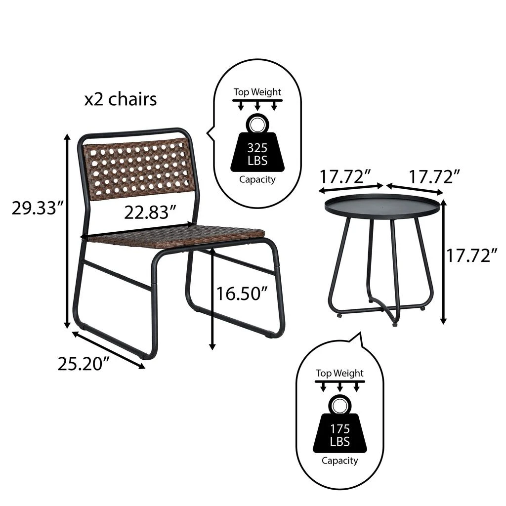 商品JONATHAN Y|Freja 3-Piece Mid-Century Modern Faux Rattan Conversation Outdoor Patio Set, Black/Brown,价格¥2068,第4张图片详细描述