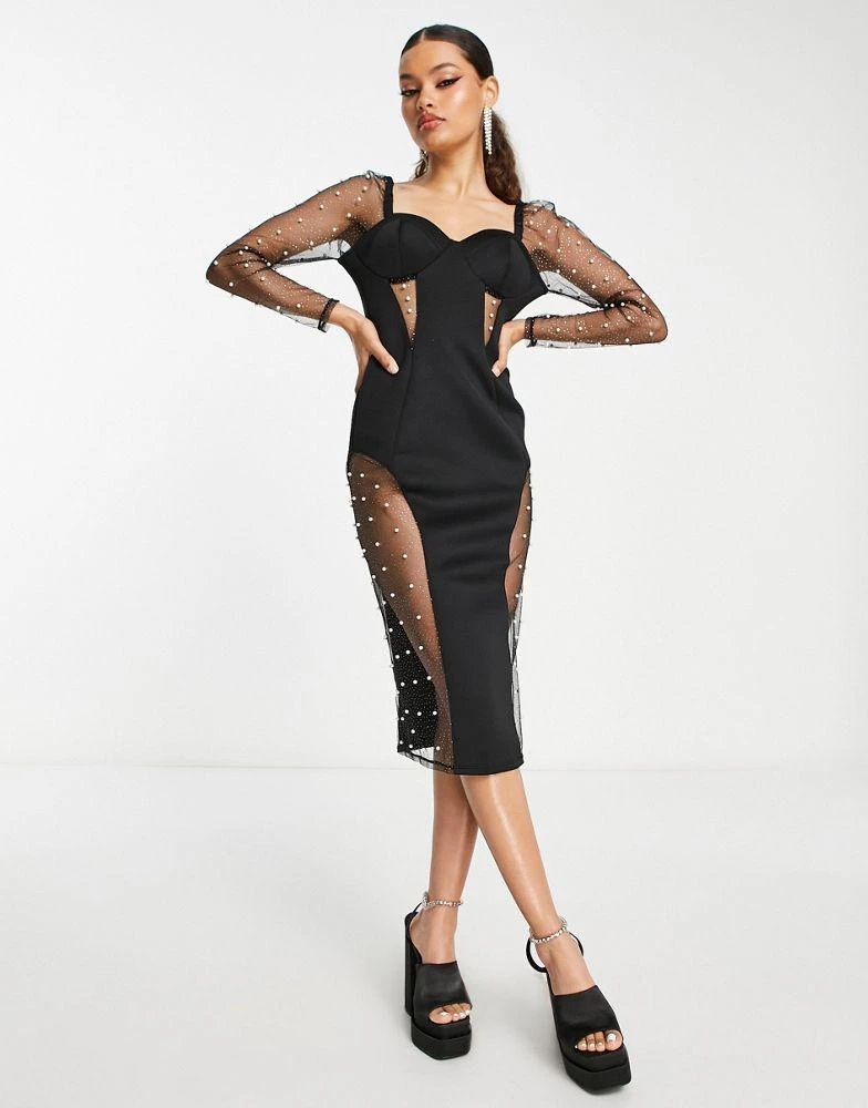 商品ASOS|ASOS DESIGN Petite glitter insert pearl mesh midi pencil dress in black,价格¥280,第4张图片详细描述