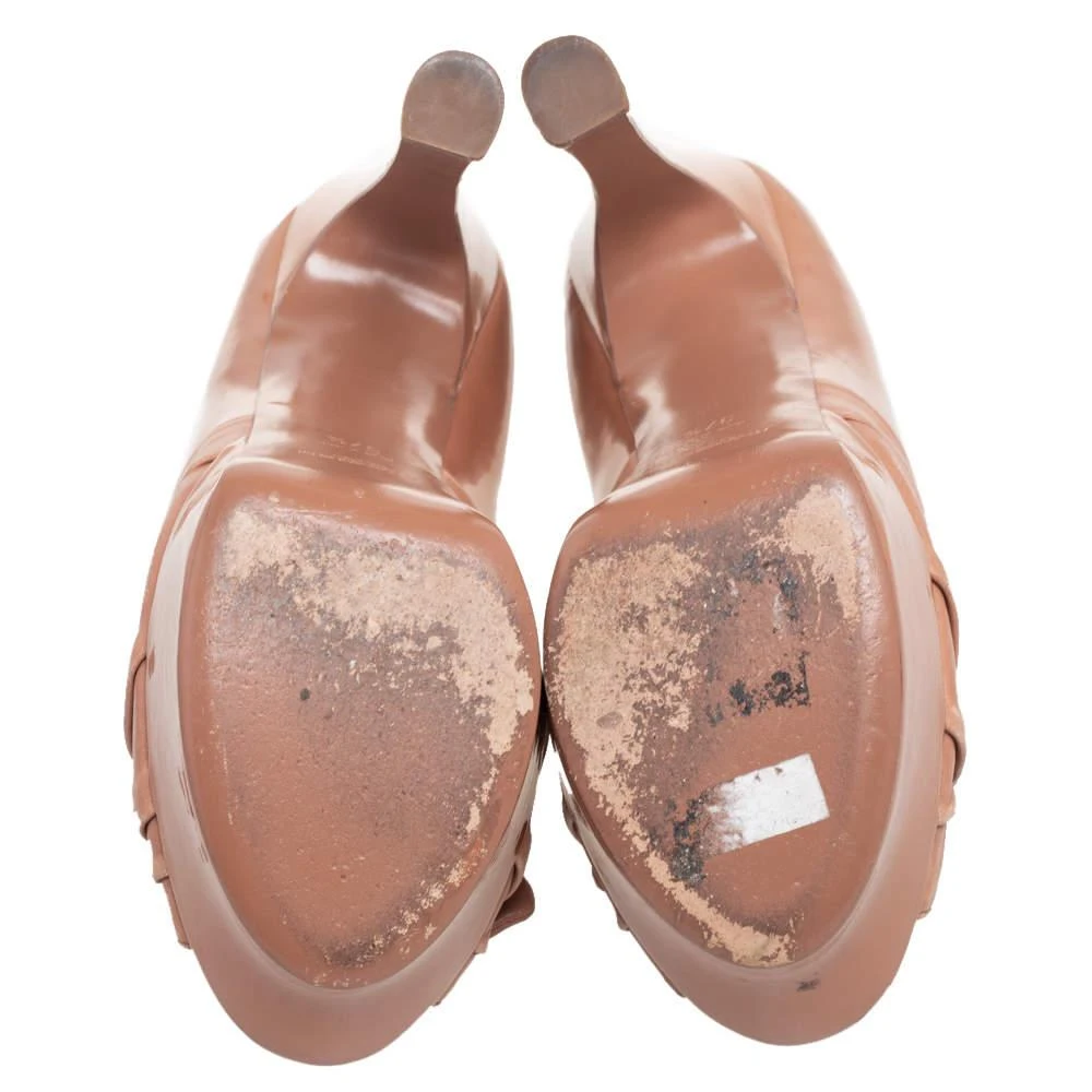 Saint Laurent Beige Patent Leather And Leather Bow Tie Palais Platform Peep Toe Pumps Size 37.5 商品