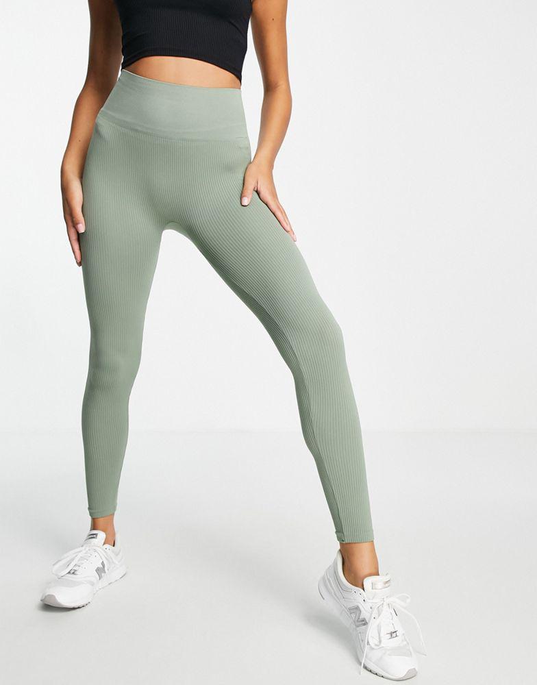 Stradivarius seamless ribbed leggings in olive商品第4张图片规格展示