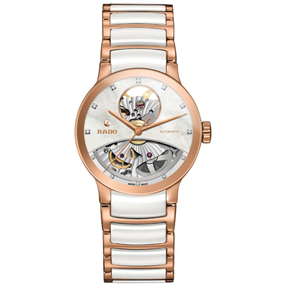 商品Rado|Women's Swiss Automatic Centrix Diamond Accent Rose Gold-Tone PVD Stainless Steel and White Ceramic Bracelet Watch 33mm R30248902,价格¥16711,第1张图片