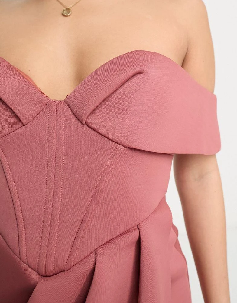 商品ASOS|ASOS DESIGN Petite off shoulder corset midi wrap skirt dress in rose,价格¥244,第2张图片详细描述