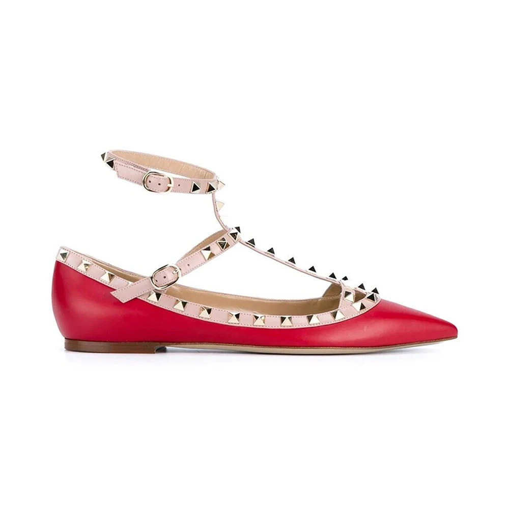 商品[国内直发] Valentino|VALENTINO 女士红色皮革铆钉踝部绑带装尖头平底鞋 RW2S0376-VOD-R19,价格¥5683,第1张图片