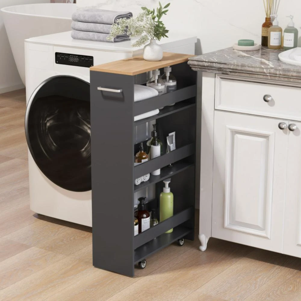 商品Hivvago|4-Tier Rolling Storage Cart Slim Kitchen Cart on Wheels with Open Shelves and Handle-Gray,价格¥614,第3张图片详细描述