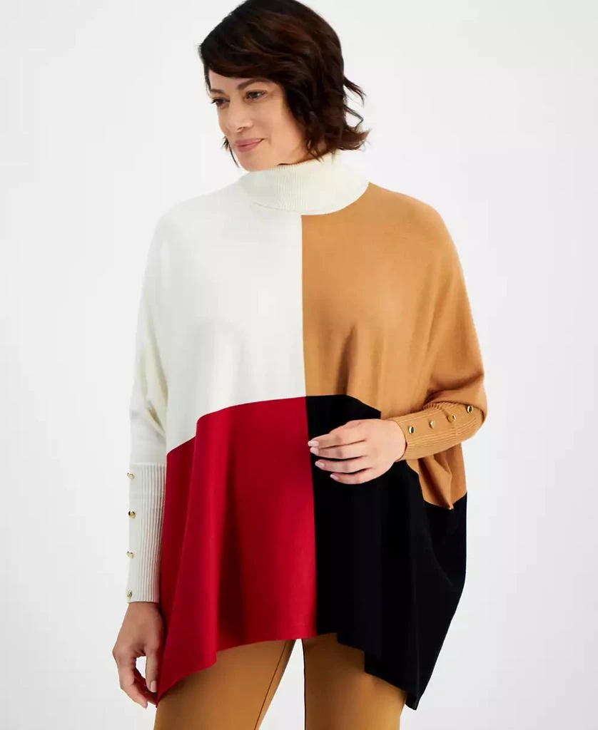 商品JM Collection|Petite Turtleneck Colorblocked Button-Trim Poncho Sweater, Created for Macy's,价格¥178,第1张图片详细描述