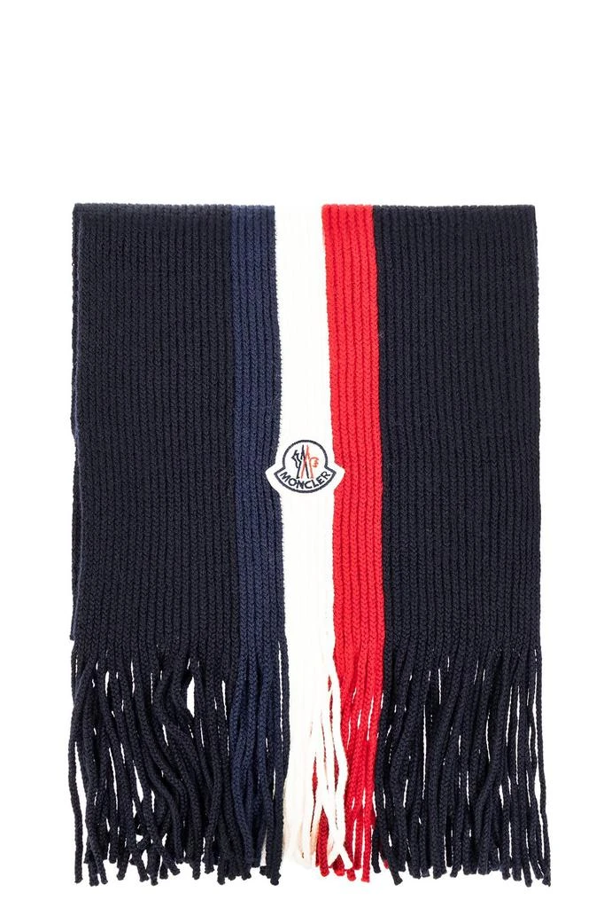 商品Moncler|Moncler Striped Logo Patch Fringed Scarf,价格¥1298,第1张图片