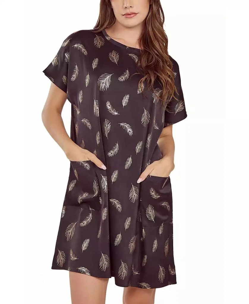 商品iCollection|Women's Silky Pocket Shift Sleepshirt Nightgown in Feather Print,价格¥490,第1张图片