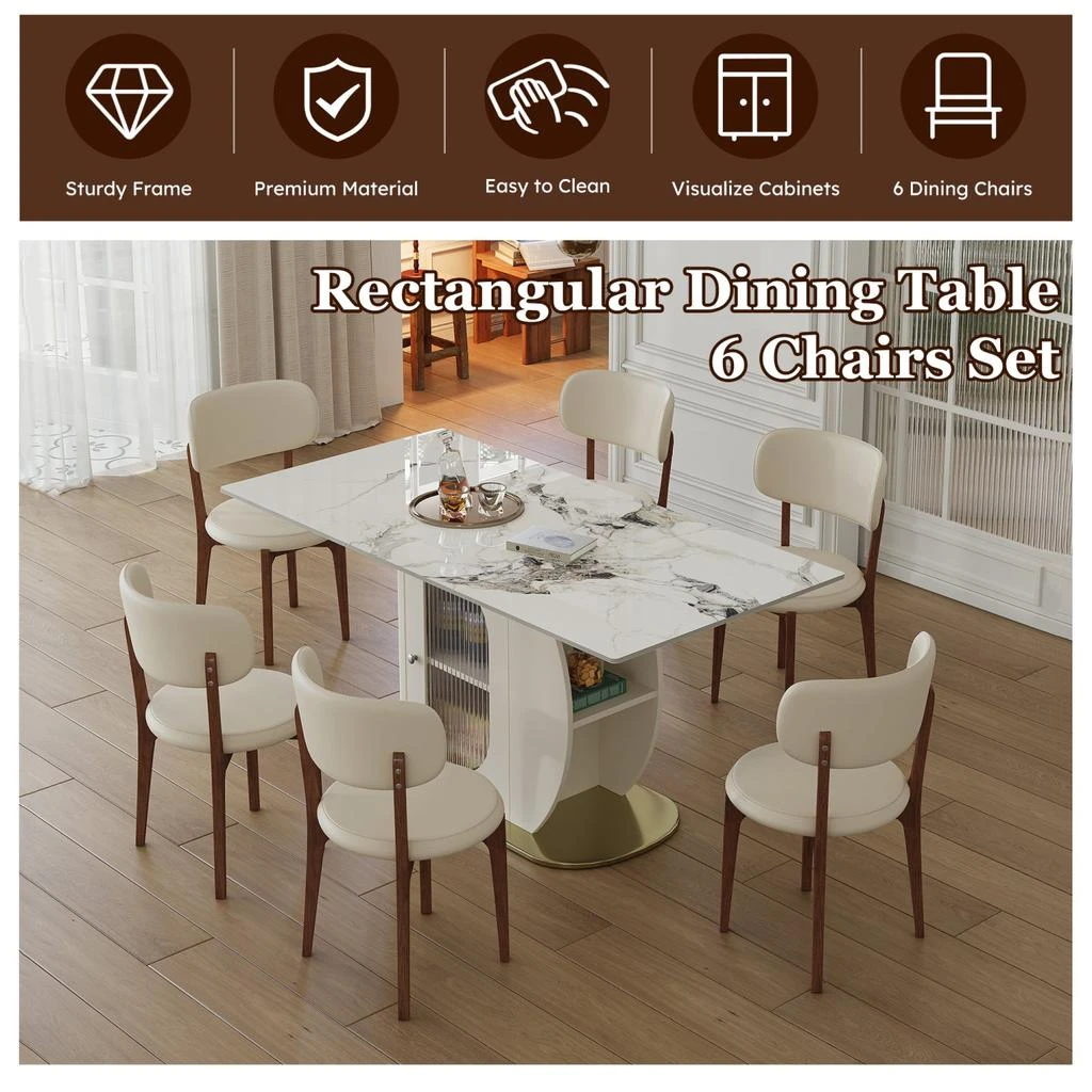 商品Streamdale Furniture|Streamdale 63" Modern Dining Table Set, Burnt Stone Top, Gold Base, 6 White Chairs,价格¥11055,第4张图片详细描述