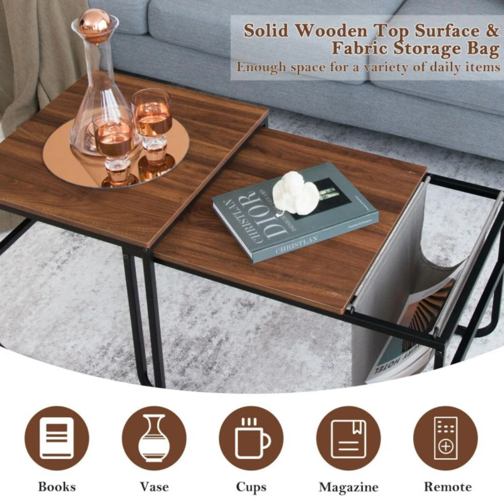 商品Hivvago|Set of 2 Nesting Coffee Tables with Side Pocket for Living Room Bedroom-Rustic Brown,价格¥822,第4张图片详细描述