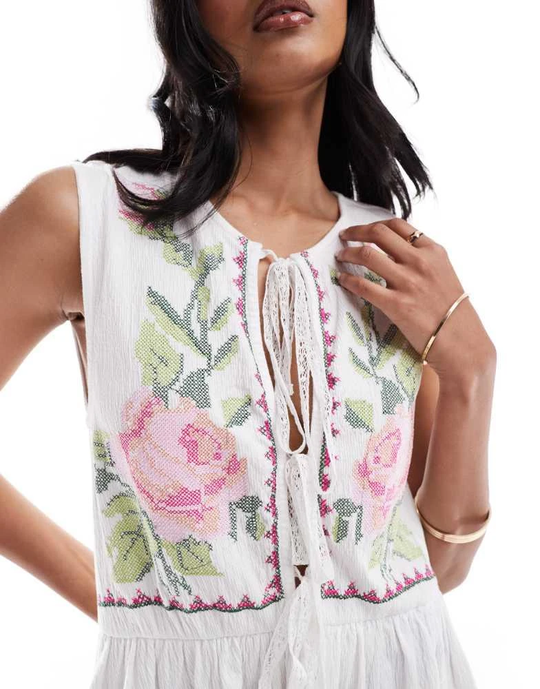 商品ASOS|ASOS DESIGN tie up front sleeveless mini dress with rose embroidery in white,价格¥224,第2张图片详细描述