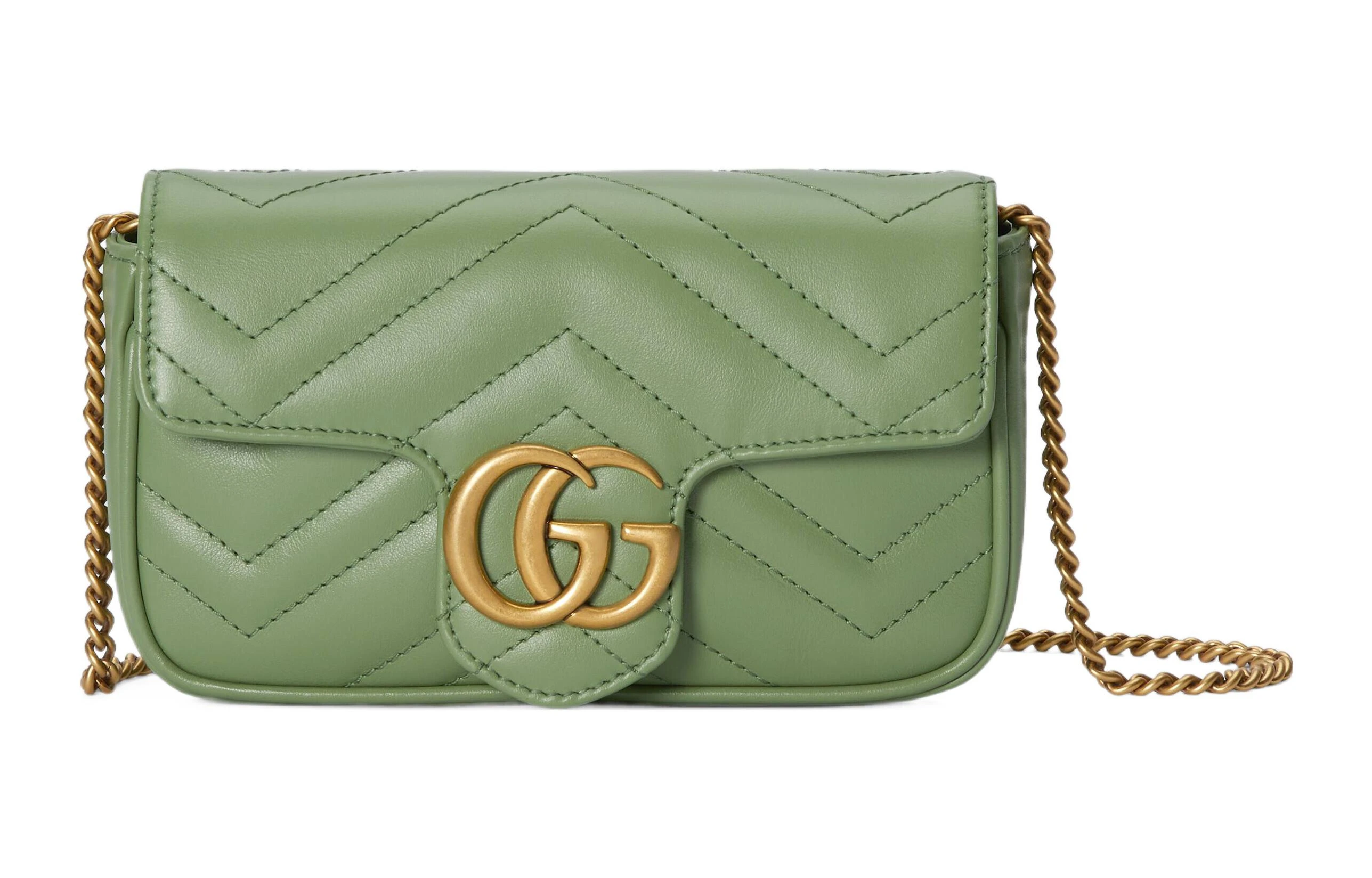 商品[国内直发] Gucci|古驰 GG Marmont系列 马蒙金标Logo做旧绗缝 皮革 单肩斜挎包 超迷你 女款 绿色,价格¥10527,第1张图片