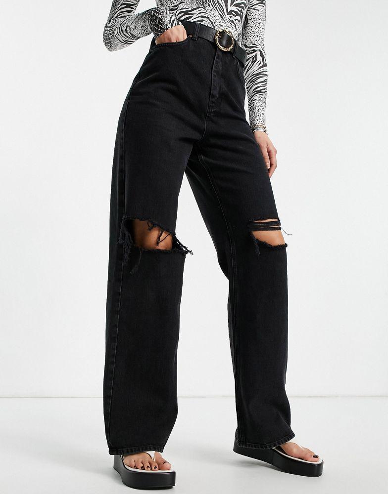 商品ASOS|ASOS DESIGN Tall high rise 'relaxed' dad jeans in washed black with rips,价格¥135,第6张图片详细描述