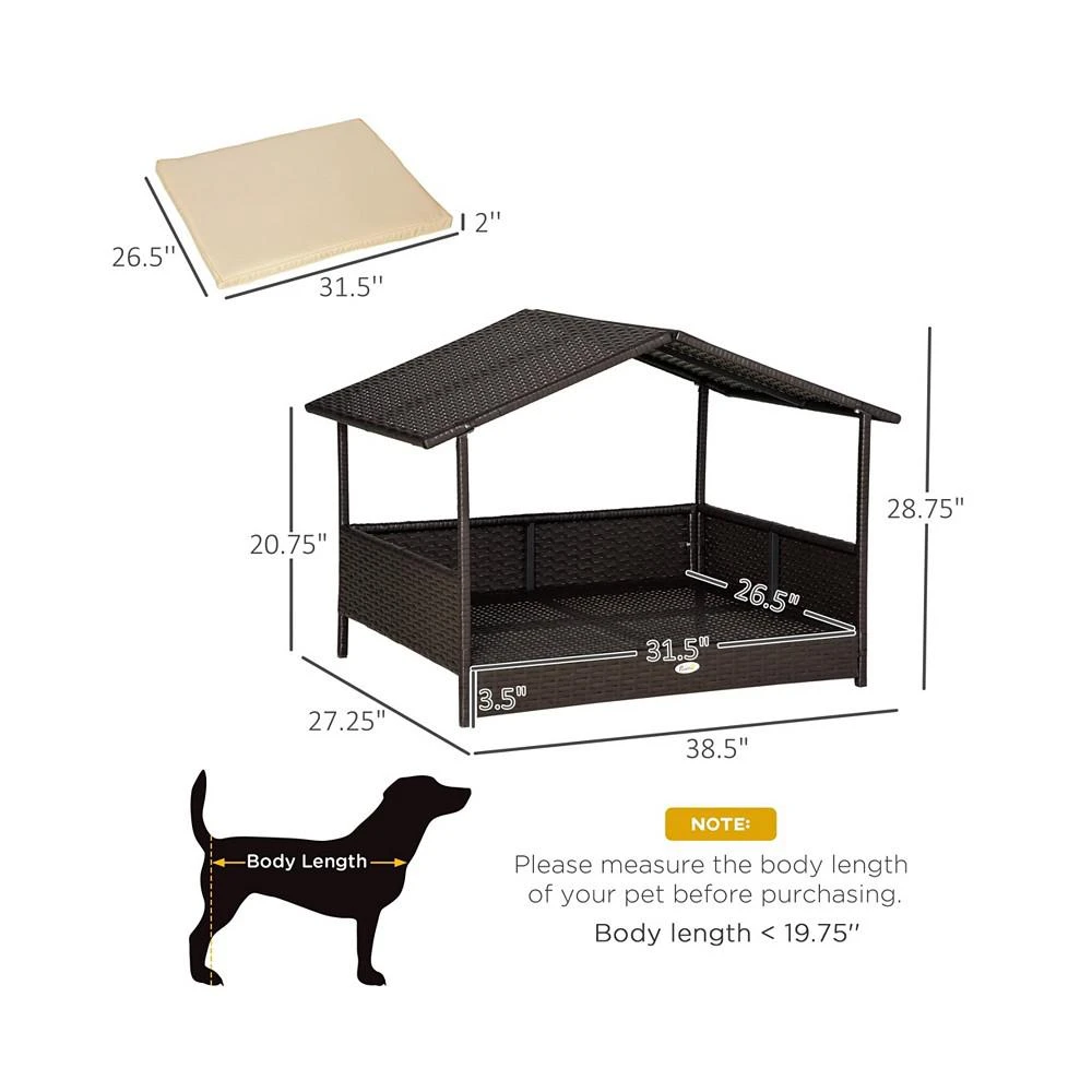 商品PawHut|Elevated Wicker Dog House, Raised Rattan Pet Bed Cabana Canopy, White,价格¥1451,第3张图片详细描述