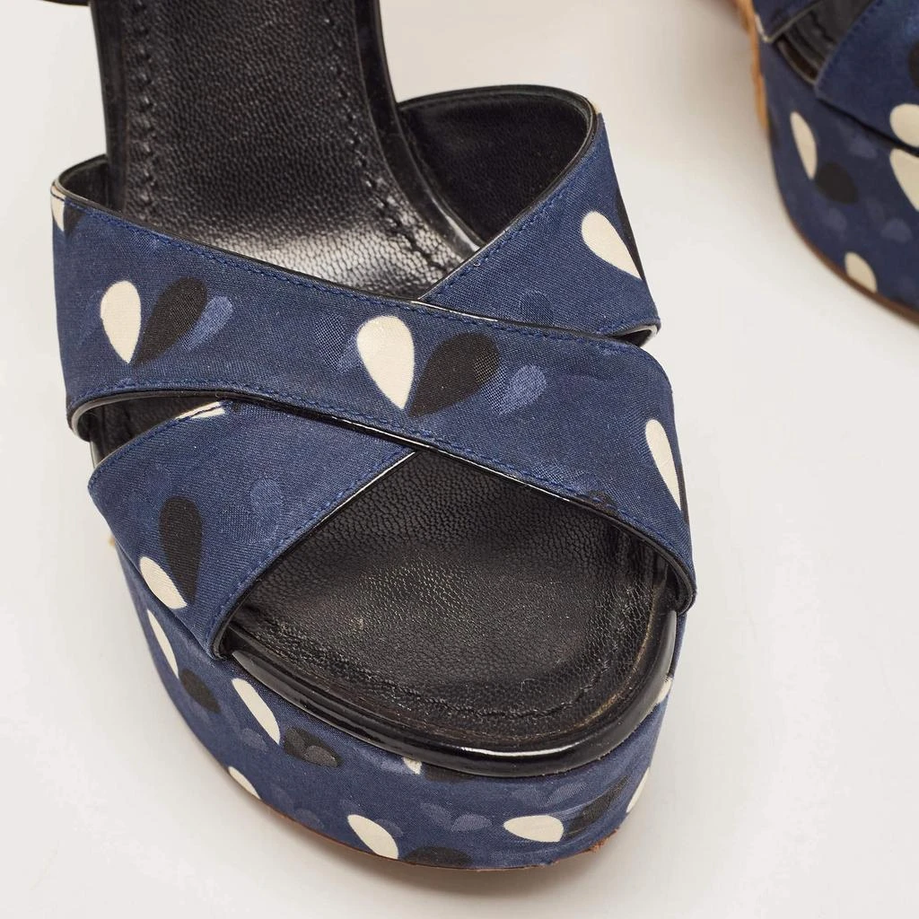 Louis Vuitton Navy Blue Printed Fabric Espadrille Wedge Ankle Wrap Sandals Size 38 商品