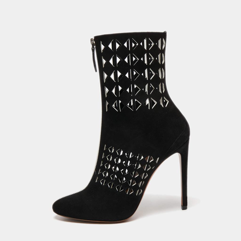 Alaïa]Alaia Black Suede Cutout Front Zip Ankle Boots Size 38.5 麂