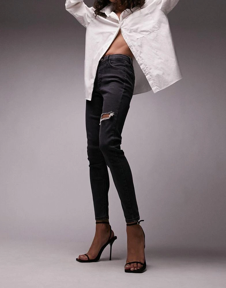 商品Topshop|Topshop Jamie jeans with thigh rip in washed black,价格¥197,第1张图片