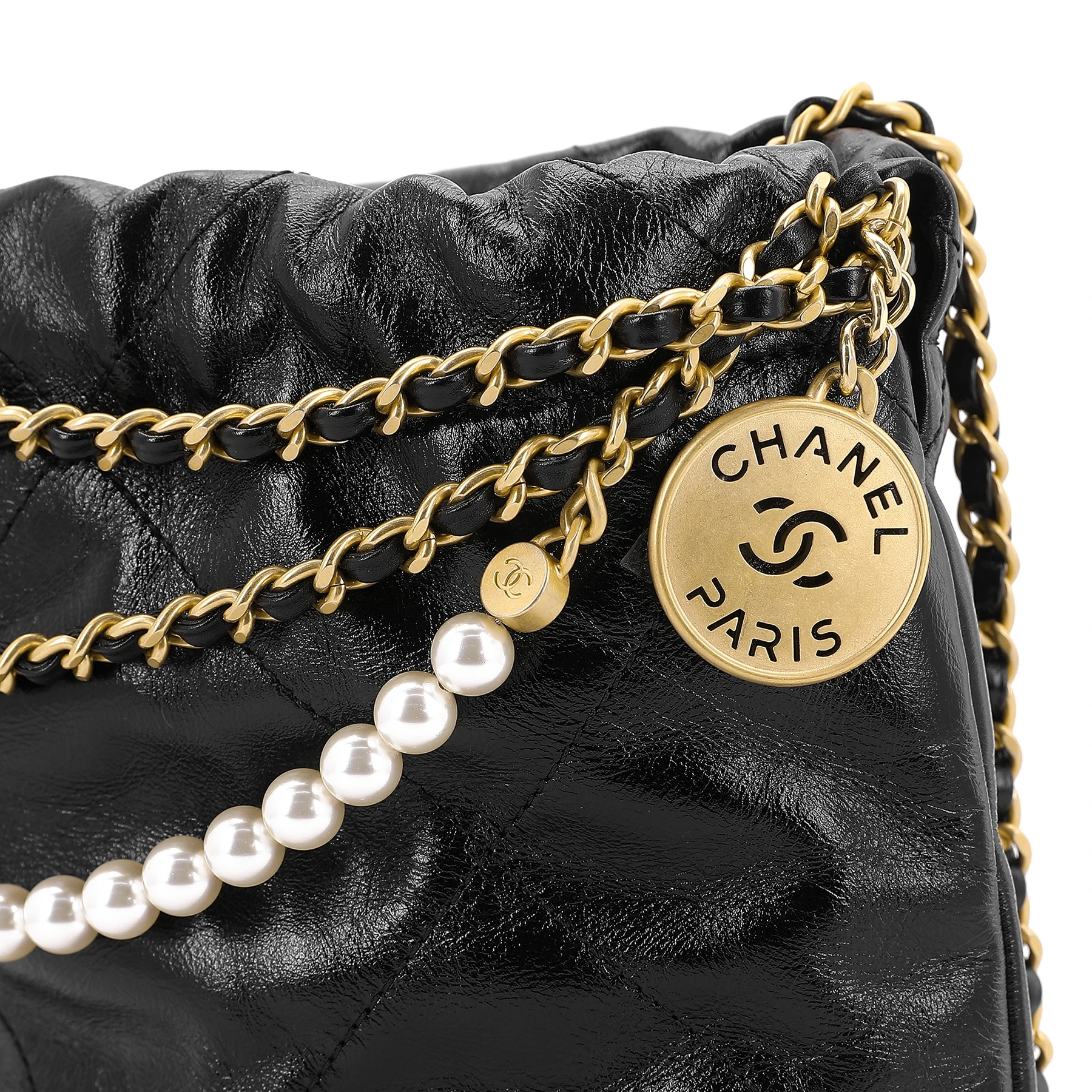商品[国内直发] Chanel|香奈儿 22bag 抽绳开合珍珠链链条闪亮皱纹 小牛皮 水桶包单肩斜挎包 迷你 女款 黑色,价格¥48171,第4张图片详细描述