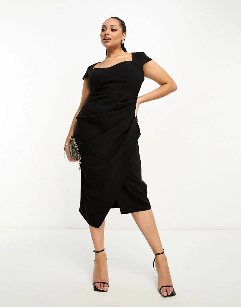 商品ASOS|ASOS DESIGN Curve sweetheart neckline ruched waist midi dress with cap sleeves in black,价格¥383,第1张图片