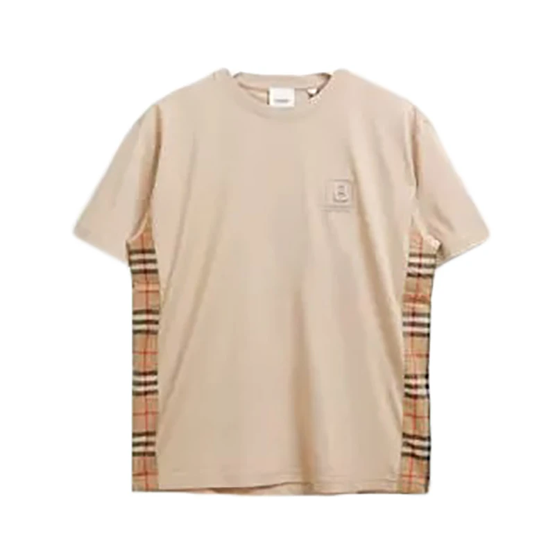 商品Burberry|BURBERRY/博柏利 女士米褐色棉质侧边格纹设计B字刺绣T恤80670711,价格¥1321,第1张图片