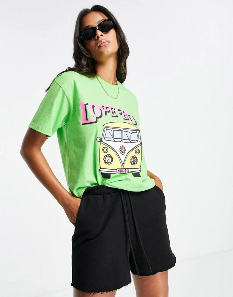 商品New Love Club|New Love Club oversized t-shirt with love bus graphic in lime green,价格¥91,第1张图片