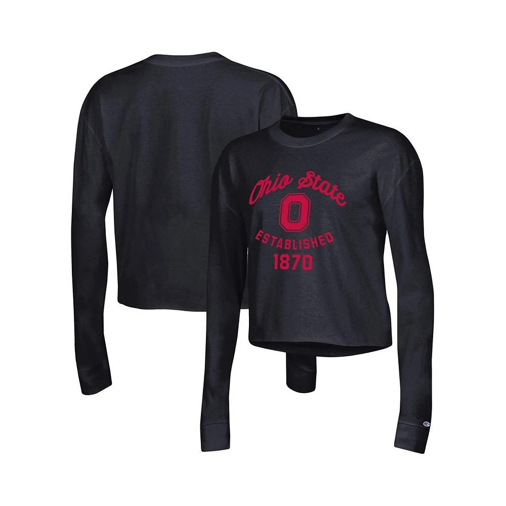 商品CHAMPION|Women's Black Ohio State Buckeyes Boyfriend Cropped Long Sleeve T-shirt,价格¥262,第1张图片