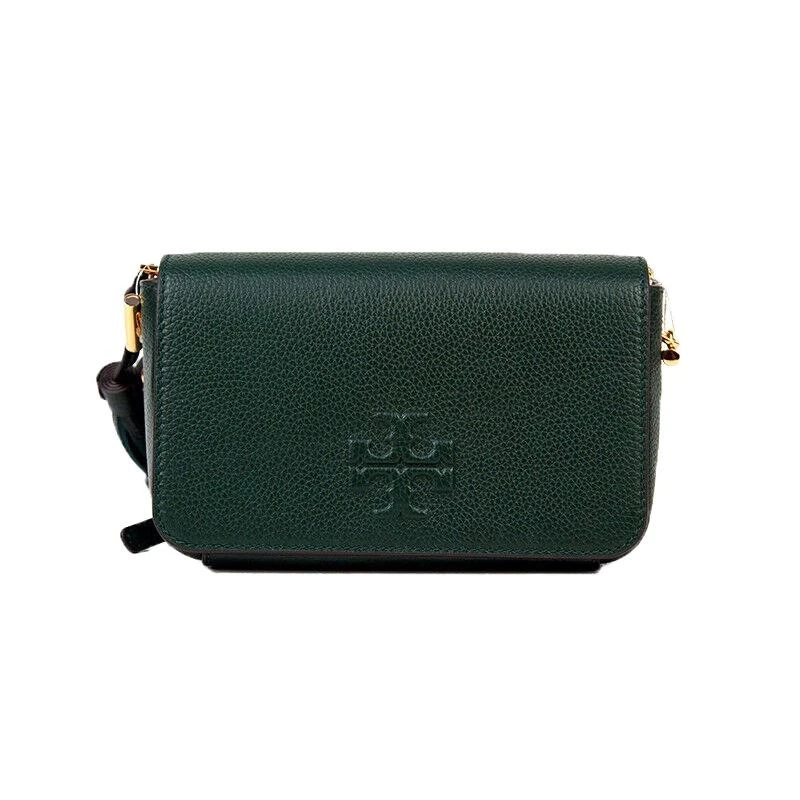 商品[国内直发] Tory Burch|托里·伯奇 TORY BURCH 奢侈品 TB女包 Thea系列墨绿色荔枝纹牛皮革流苏翻盖斜挎相机包 67303 308,价格¥1800,第1张图片