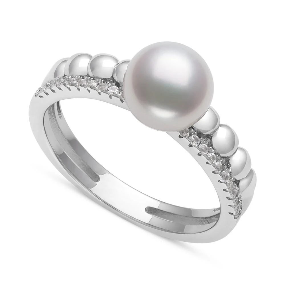 商品Belle de Mer|Cultured Freshwater Button Pearl (7mm) & Lab-Created White Sapphire (1/5 ct. t.w.) Ring,价格¥1184,第1张图片