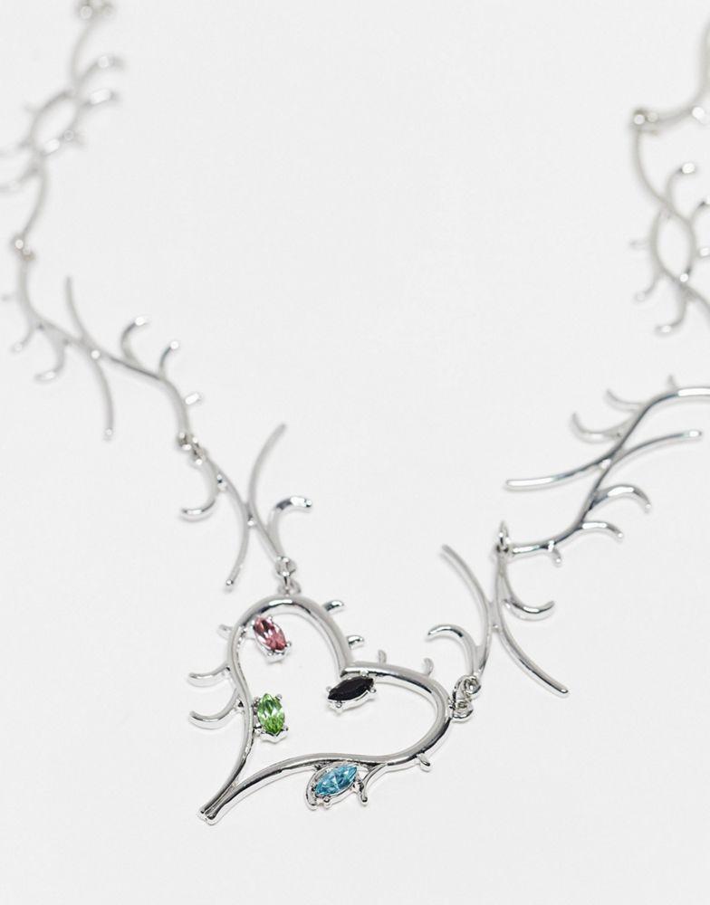 Reclaimed Vintage unisex drippy necklace with heart pendant in silver商品第4张图片规格展示