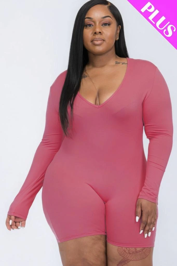 商品FASHNZFAB|Women's Plus V-neck Long Sleeve Bodycon Romper,价格¥135,第3张图片详细描述
