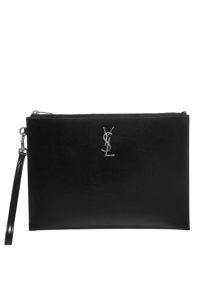 Vintage YSL Clutch Bag Logo Black★ Yves Saint Laurent Vintage Black YSL Logo Saffiano Leather