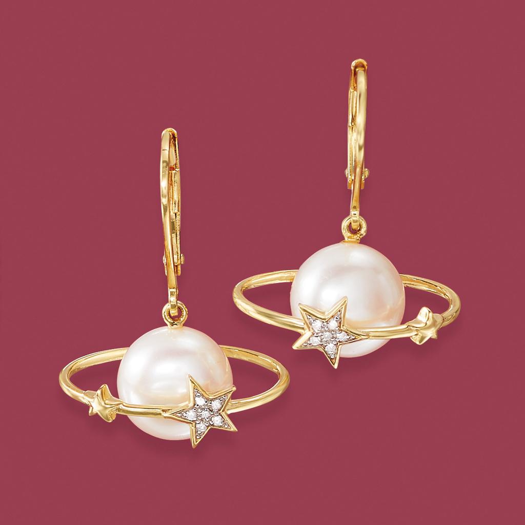 Ross-Simons 9.5-10mm Cultured Pearl Planet Drop Earrings With Diamond Accents in 18kt Gold Over Sterling商品第3张图片规格展示