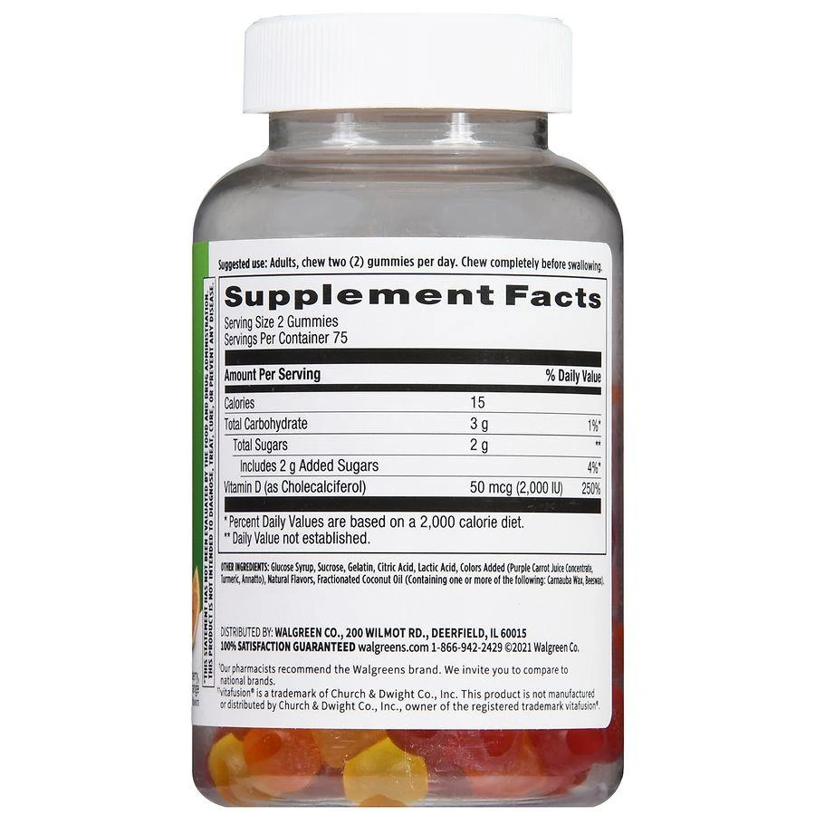 商品Walgreens|Vitamin D3 50 mcg (2000 IU) Gummies (150 days) Natural Strawberry, Lemon and Orange,价格¥98,第3张图片详细描述