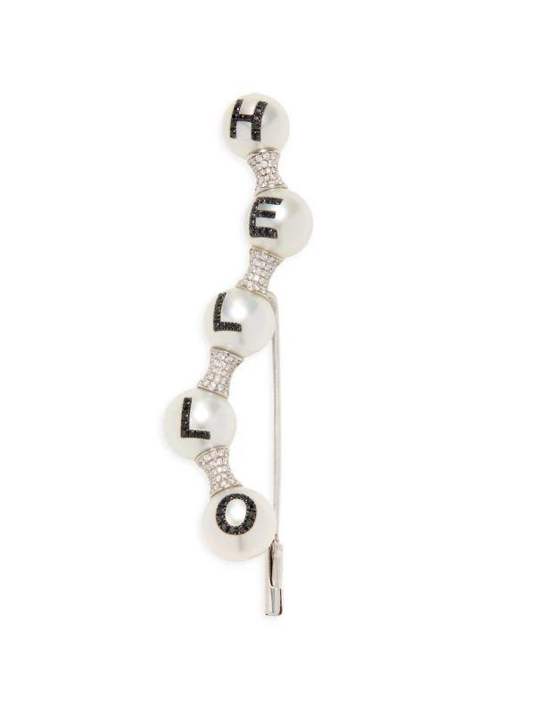 商品W.Rosado|Pearl ID 18K White Gold, 11.5-12MM Pearl & Two-Tone Diamond Pavé Carved "Hello" Brooch,价格¥27363,第1张图片