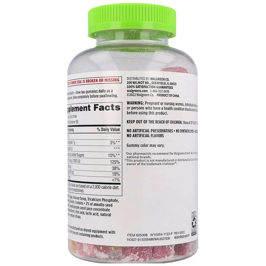 商品Walgreens|Calcium 500 mg + Vitamin D 25 mcg (1000 IU) Gummies Natural Cherry, Orange & Strawberry,价格¥97,第5张图片详细描述