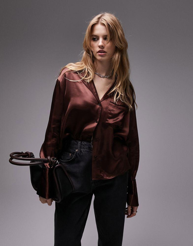 Topshop relaxed shirt in chocolate with black piping商品第1张图片规格展示