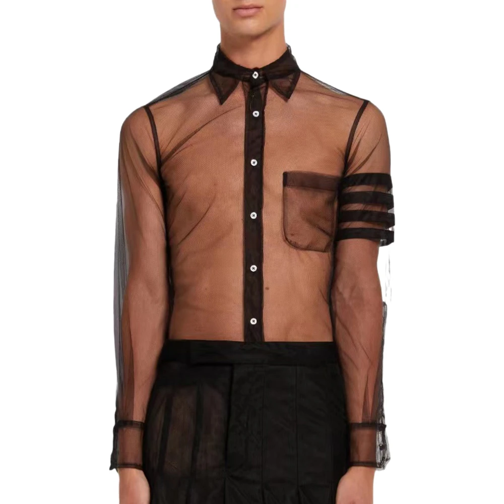 商品Thom Browne|THOM BROWNE 男士黑色透明薄纱衬衫 MWL333A-07290-001,价格¥2062,第1张图片
