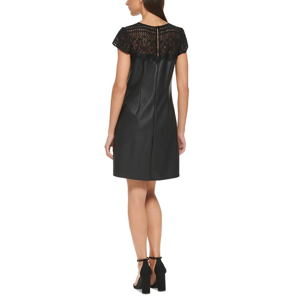 Women's Lace-Trim Faux-Leather Shift Dress商品第2张图片规格展示