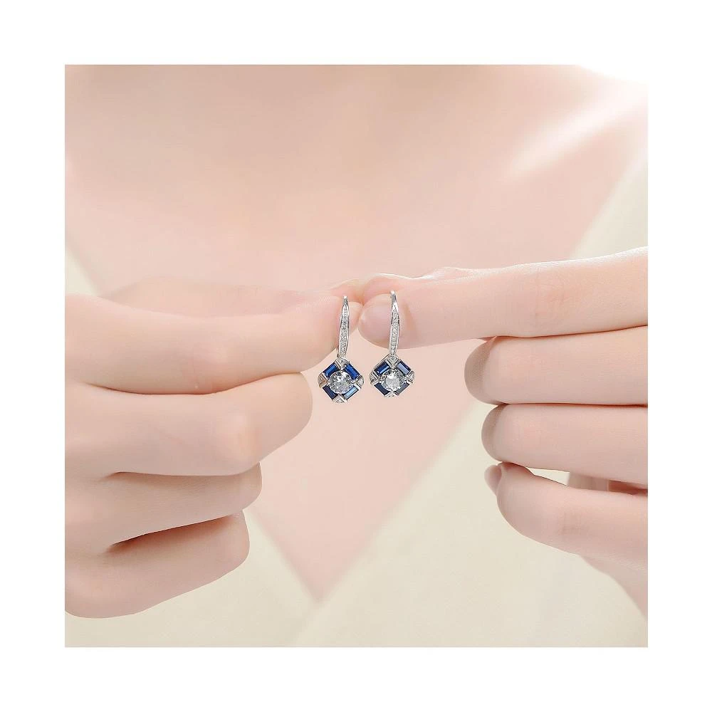 商品Genevive|Sterling Silver White Gold Plated and Sapphire Cubic Zirconia Leverback Earrings,价格¥563,第3张图片详细描述